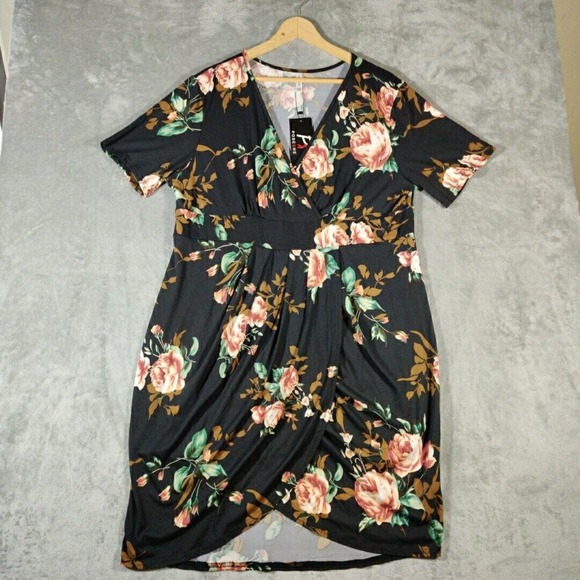 Poseshe‎ Dress Womens 3XL Black Floral Summer Casual Short Sleeve Empire Waist - Picture 1 of 7